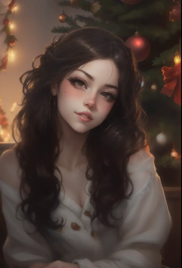 a painting of a woman, sitting in front of the christmas tree, artgerm portrait, 8k artgerm bokeh,  realistic picture of cute ro...