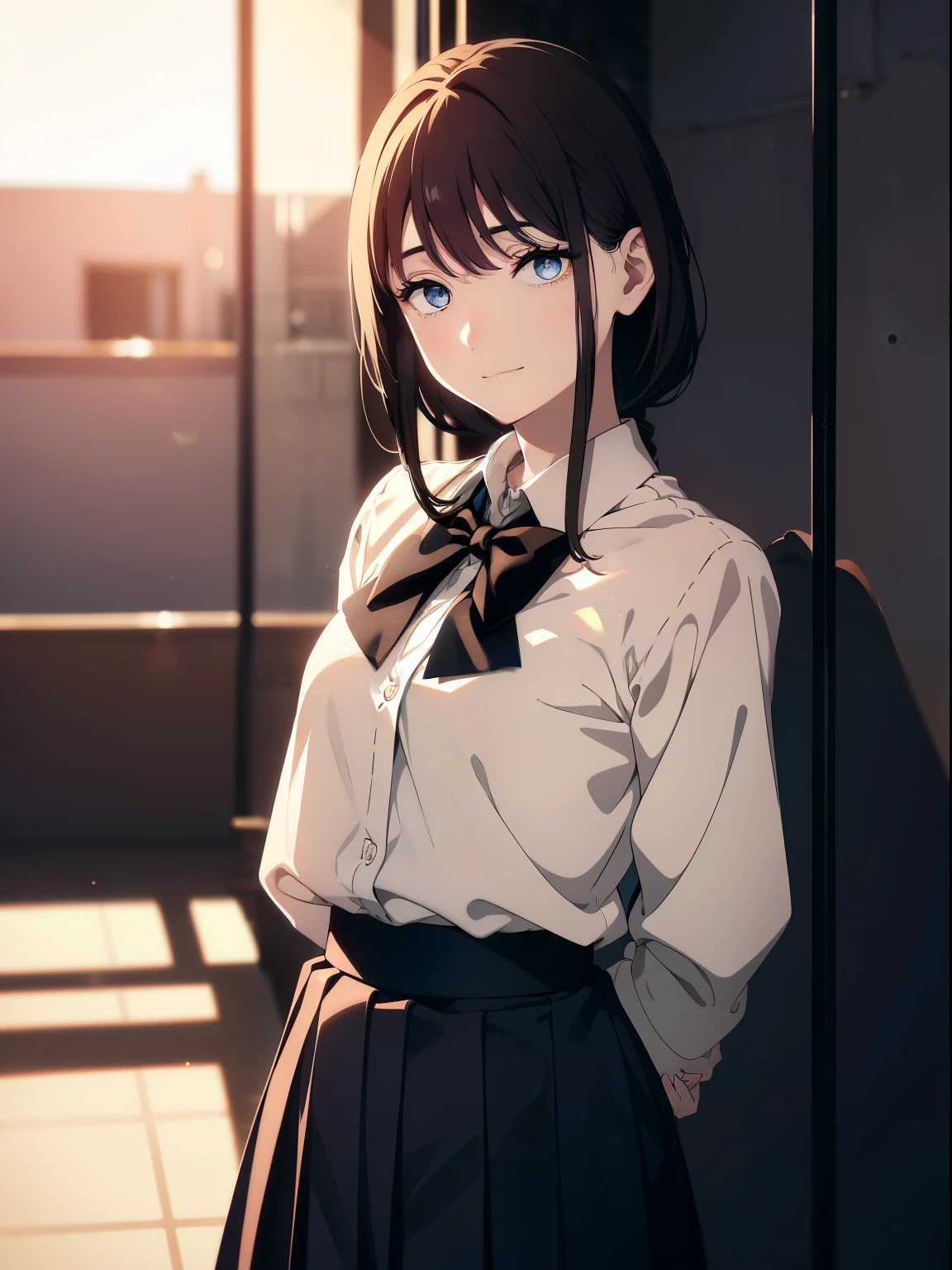 (Obra maestra, La mejor calidad, ultrahigh resolution), 1girl, , white office shirt, black pleated skirt, light brown hair, long hair cut, pale skin, ((blue eyes)), glowing_eyes, neon eyes, (ultra detailed eyes, beautiful and detailed face, detailed eyes), ((centered)), smile, ((wide shot)), facing viewer, eye level, (blurry background, sunset background), flat chested, looking at viewer, half closed eyes, (perfect hands), (head, arms, hips, elbows, in view), ((tall)), ((hands behind back)), empty eyes