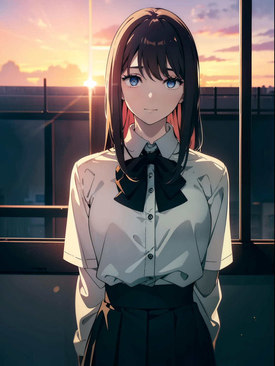 (Obra maestra, La mejor calidad, ultrahigh resolution), 1girl, , white office shirt, black pleated skirt, light brown hair, long hair cut, pale skin, ((blue eyes)), glowing_eyes, neon eyes, (ultra detailed eyes, beautiful and detailed face, detailed eyes), ((centered)), smile, ((wide shot)), facing viewer, eye level, (blurry background, sunset background), flat chested, looking at viewer, half closed eyes, (perfect hands), (head, arms, hips, elbows, in view), ((tall)), ((hands behind back)), empty eyes