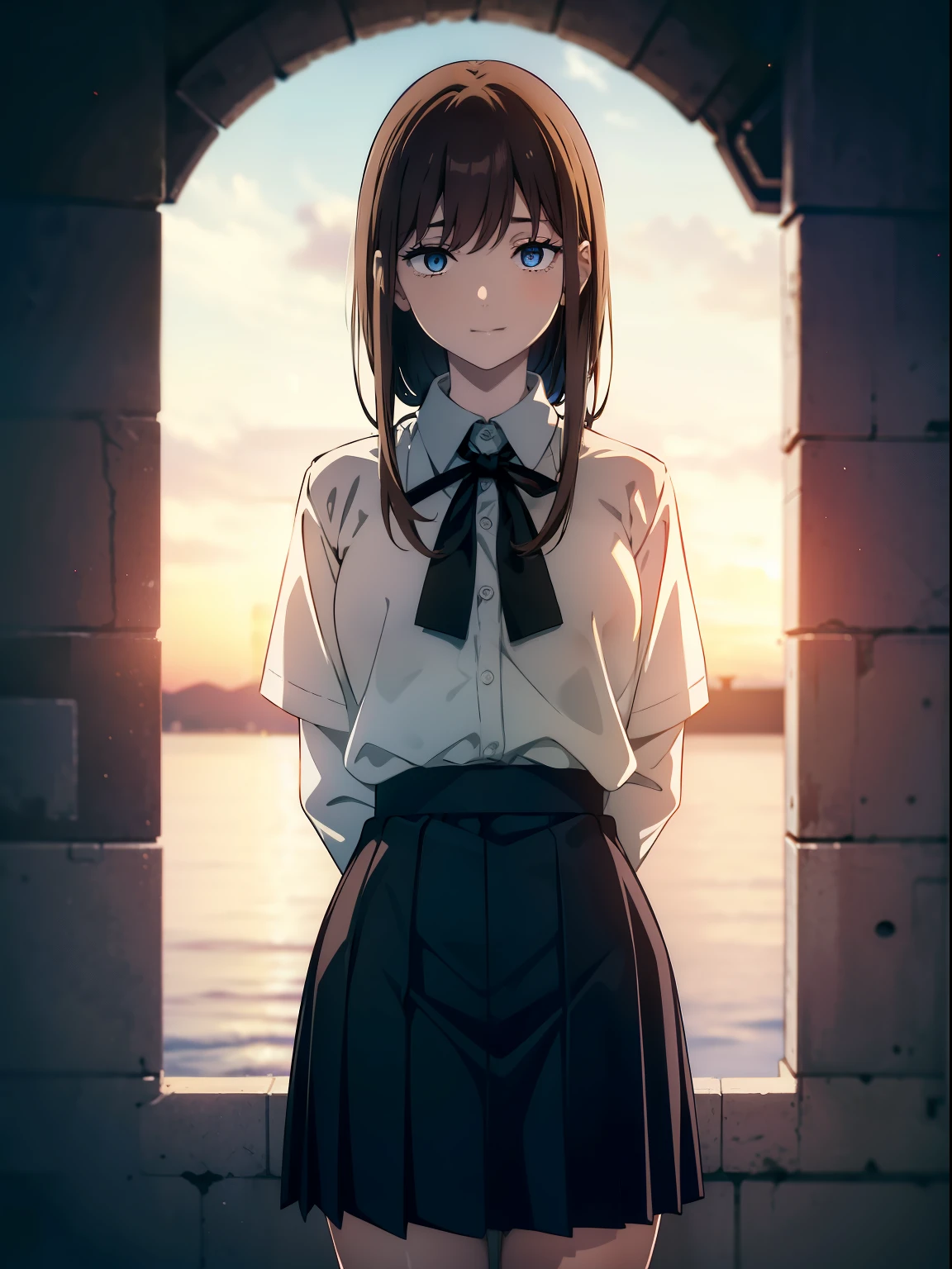 (Obra maestra, La mejor calidad, ultrahigh resolution), 1girl, , white office shirt, black pleated skirt, (light brown hair), long hair cut, pale skin, ((blue eyes)), glowing_eyes, neon eyes, (ultra detailed eyes, beautiful and detailed face, detailed eyes), ((centered)), smile, ((wide shot)), facing viewer, eye level, (blurry background, sunset background), flat chested, looking at viewer, half closed eyes, (perfect hands), (head, arms, hips, elbows, in view), ((tall)), ((hands behind back)), empty eyes