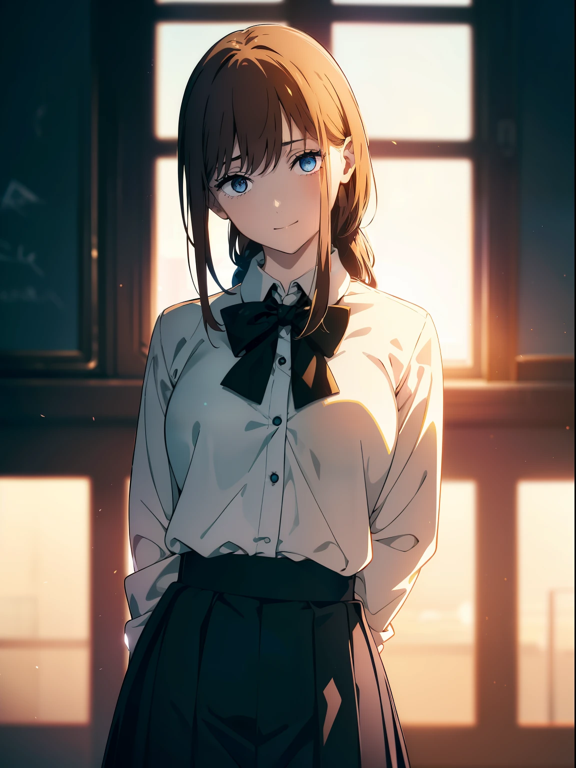 (Obra maestra, La mejor calidad, ultrahigh resolution), 1girl, , white office shirt, black pleated skirt, (light brown hair), long hair cut, pale skin, ((blue eyes)), glowing_eyes, neon eyes, (ultra detailed eyes, beautiful and detailed face, detailed eyes), ((centered)), smile, ((wide shot)), facing viewer, eye level, (blurry background, sunset background), flat chested, looking at viewer, half closed eyes, (perfect hands), (head, arms, hips, elbows, in view), ((tall)), ((hands behind back)), empty eyes, ((light hitting side of face))