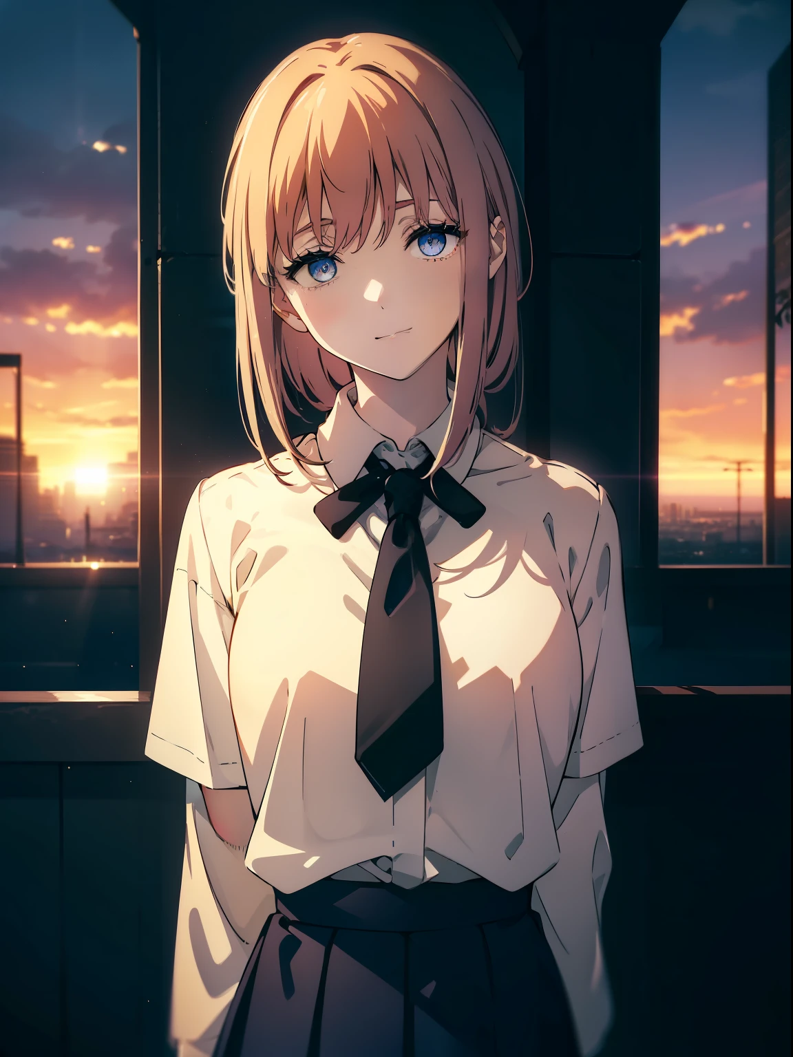 (Obra maestra, La mejor calidad, ultrahigh resolution), 1girl, school uniform, white office shirt, black pleated skirt, (light brown hair:0.7), long hair cut, pale skin, ((blue eyes)), glowing_eyes, neon eyes, (ultra detailed eyes, beautiful and detailed face, detailed eyes), ((centered)), smile, ((wide shot)), facing viewer, eye level, (blurry background, sunset background), flat chested, looking at viewer, half closed eyes, (perfect hands), (head, arms, hips, elbows, in view), ((tall)), ((hands behind back)), empty eyes, ((beautiful lighting)), light hitting face