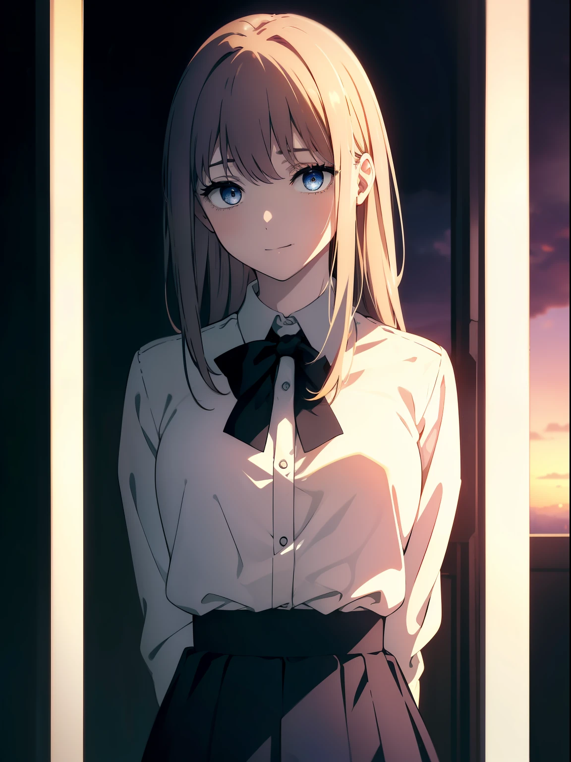 (Obra maestra, La mejor calidad, ultrahigh resolution), 1girl, , white office shirt, black pleated skirt, (light brown hair:0.7), long hair cut, pale skin, ((blue eyes)), glowing_eyes, neon eyes, (ultra detailed eyes, beautiful and detailed face, detailed eyes), ((centered)), smile, ((wide shot)), facing viewer, eye level, (blurry background, sunset background), flat chested, looking at viewer, half closed eyes, (perfect hands), (head, arms, hips, elbows, in view), ((tall)), ((hands behind back)), empty eyes, ((beautiful lighting)), light hitting face