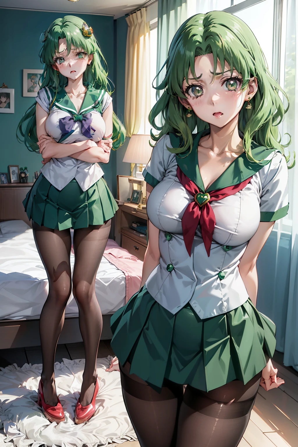 masutepiece, Best Quality, 1girl in, (Sailor Neptune),Green head hair, (Green eye:1.2),((Nurse's clothes))、((pantyhose))、length hair、((embarassed expression))、((Bedroom))、((a miniskirt))、((Poses that emphasize breasts))