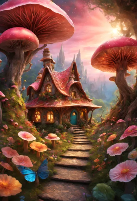 (gorgeous,enchanted,beautiful:1.1,fantastic:1.2,whimsical), fairy village, [colorful lighting], (imagination), [mystical], [drea...