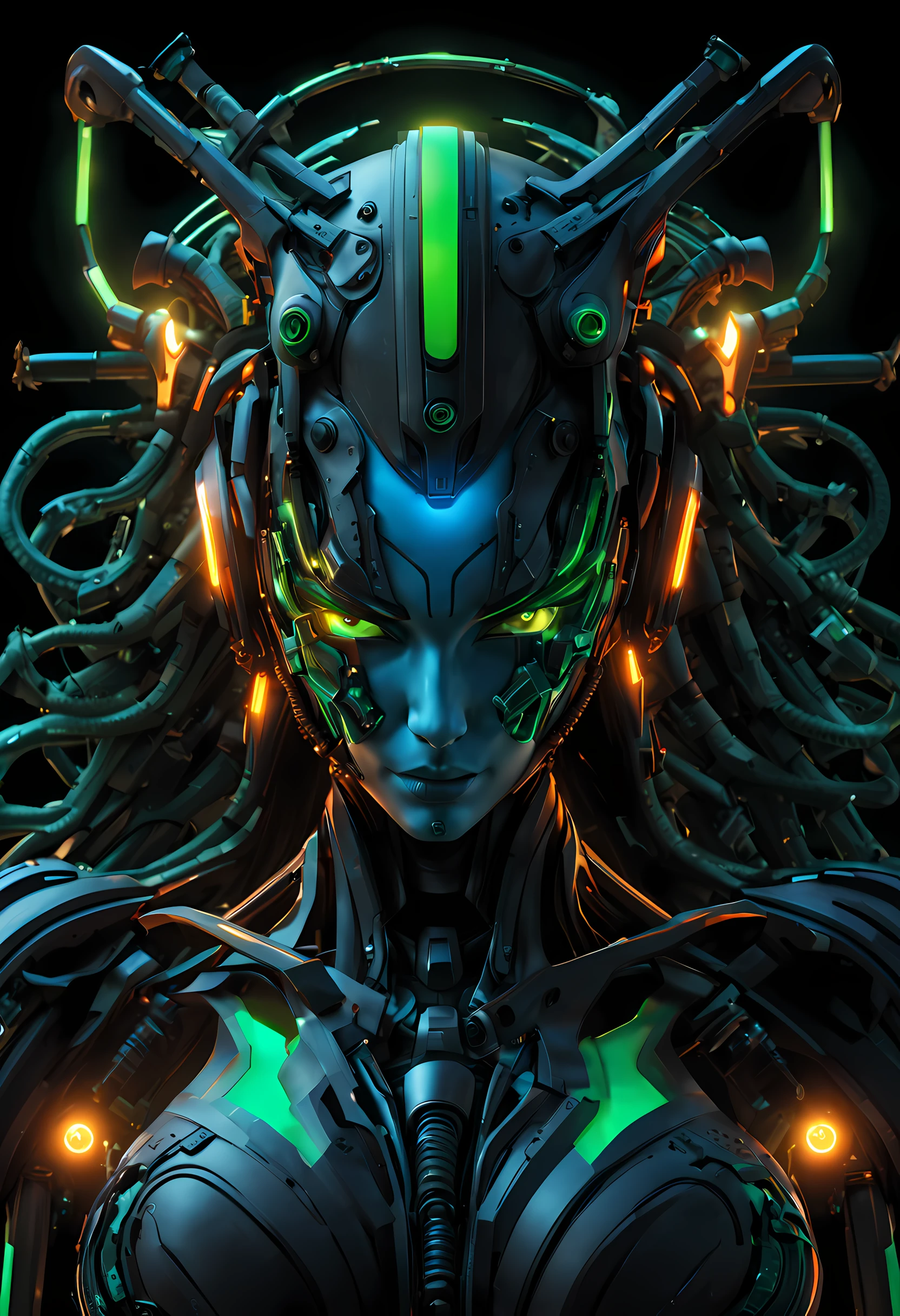 masterpiece, (realistic:1.2), Cinematic lighting, Biomechanical goddess, dynamic pose, head and torso image, Long hair. Subtle smile. Black and orange military-style, protective outer plated layers cover most of her body, covering her body's inner mechanisms. Visible inner mechanisms on her body comprise pneumatic pistons, wires, and components, beneath the outer plating. Bright, glowing neon blue and green light emanates from the inner mechanisms. Biomechanical headdress. Holding a pair of futuristic pistols, reflex sights. Black background.