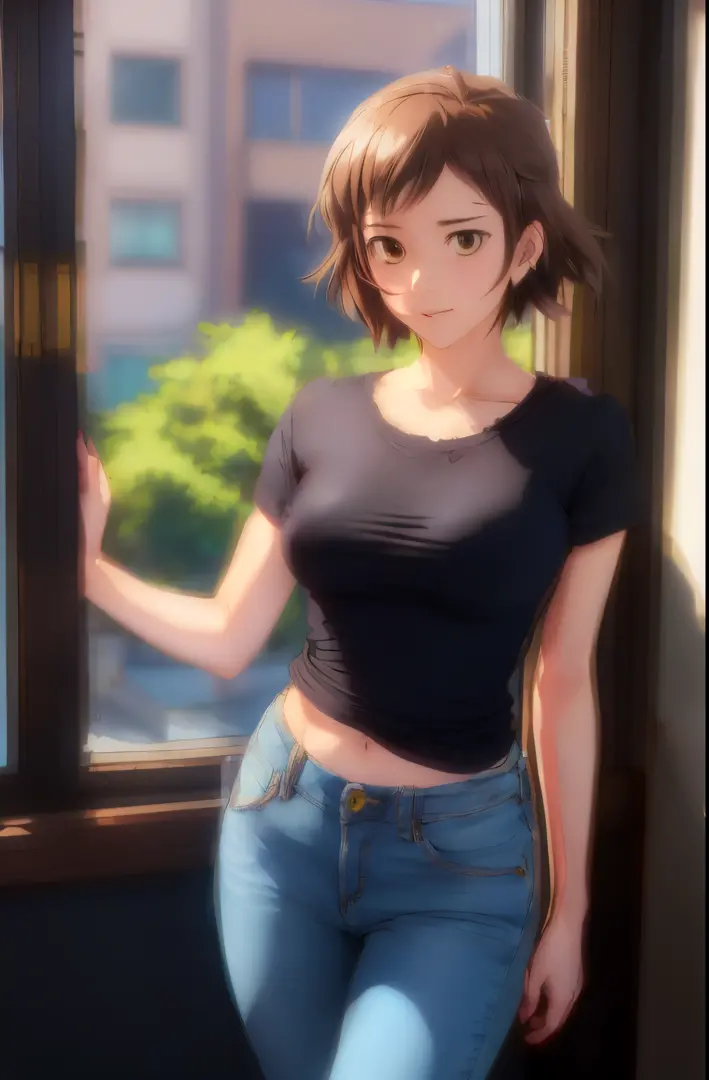 woman in a T-shirt and jeans stands in front of the window, makoto sinkai. high detail, illya kuvshinov. 4 thousand., makoto shi...