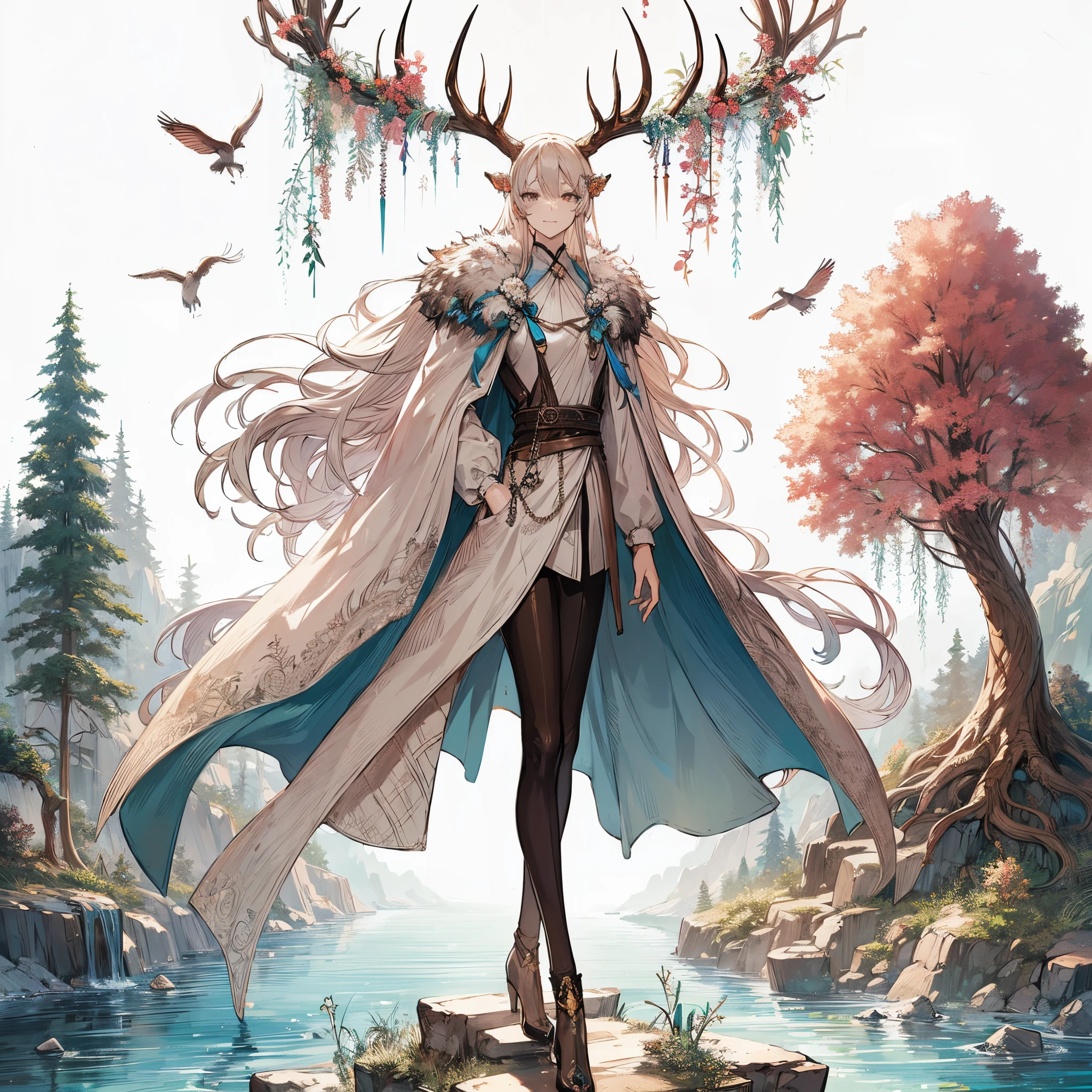 (masutepiece, Best Quality), (Perfect athlete body:1.2), (detailed hairs), Ultra-detailed, Anime style, Full body, Solo, Gender unknown, deer antlers growing from the head, cape and long skirt, Standing by the creek, high heels boots, Digital Painting, 8K High Resolution, trend artstation, White background, Whole body, A Smile Full of Compassion