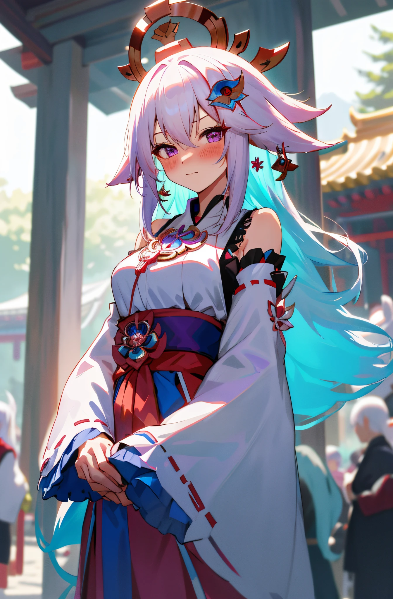 One girl with long hair, bangs, white hair, blue inner hair, purple eyes, looking at viewer, blushing, embarrassed, miko dress, miko, outdoor, festival, temple, medium breast, dizzy, mid-chest, wide hips, perfect waist, day atmosphere, (hair ornament:1.35), standing, upper body,