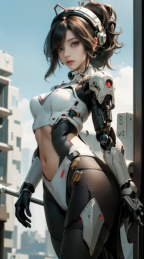 Extremely cute human eighteen year old girl face in cyberpunk city, human torso, human huge boobs, human abdomen, human hips, robotic arms, white suite, two tone, mechanical legs, arms and legs with hard white shiny shell and black joints, very beautiful a...