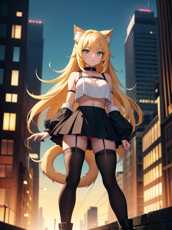 A girl, long blonde hair, large breasts, blonde pointed Neko cat ears, lime green light cat eyes, long red painted fingernails, wearing a black collar with bells, a red crop top with a deep neckline, a black short mini skirt with black tights, high  black heeled boots, with a blonde cat tail, stands tall in a city, high res, ultrasharp, 8K, masterpiece