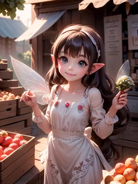 masterpiece, best auqlity, a cute ((fairy)) smiling shopping at a market, (pointy ears), fairy (leaf) dress, fairy village, Cinematic Light, Ray tracing, Depth of field, light source contrast,