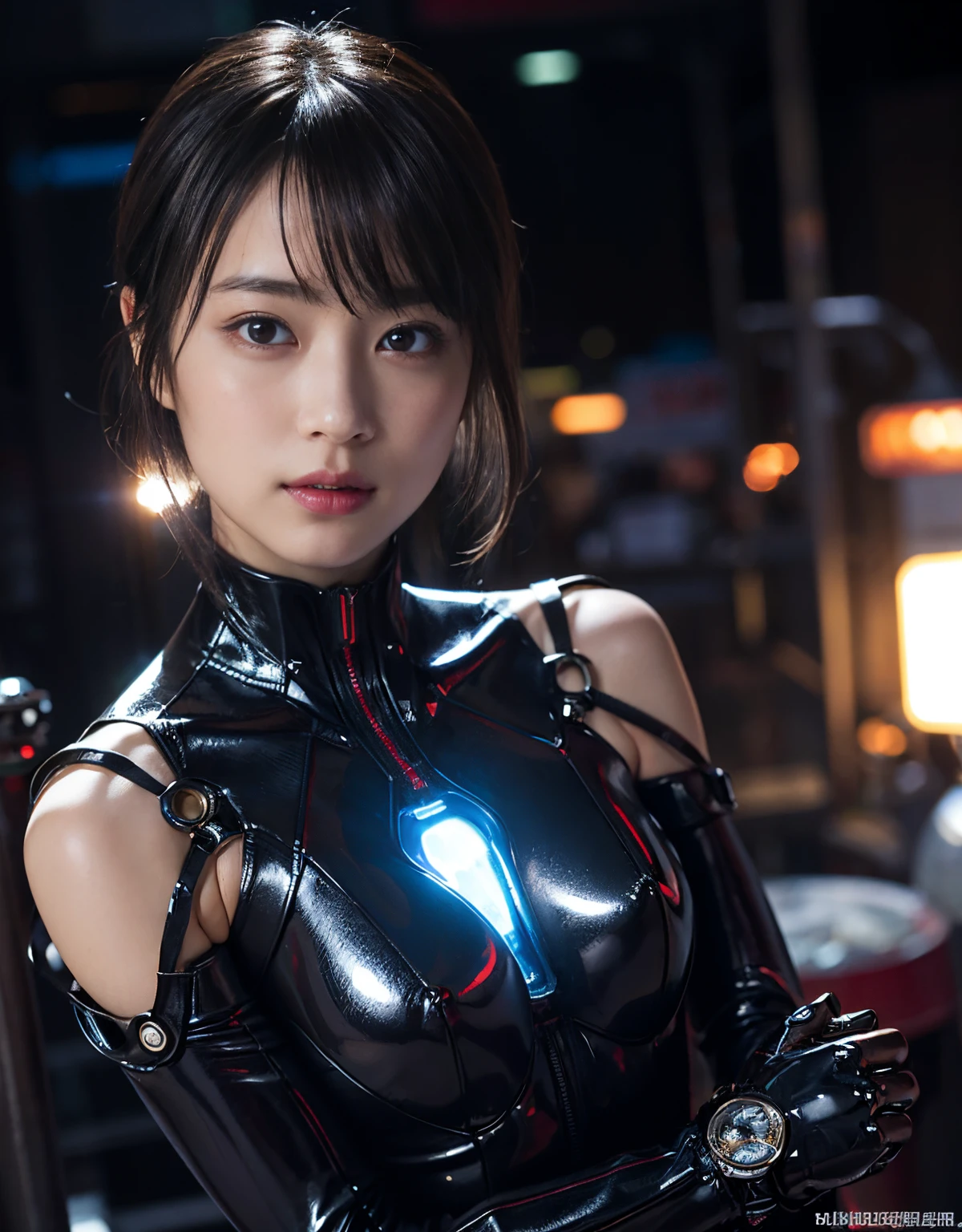 (1 Mechanical Girl)、（Mystical expression）、top-quality、​masterpiece、超A high resolution、(Photorealsitic:1.4)、Raw photo、女の子1人、glowy skin、(((1 Mechanical Girl)))、（Red Metal Bodysuit）、(alien background、futuristic alien background)、(Small LED)、((super realistic details))、vertical giant monster background),globalillumination、Shadow、octan render、8K、ultrasharp、Colossal 、Raw skin exposed in the cleavage、red metal、Details of complex ornaments、Japan details、highly intricate detail、Realistic light、(Mystical expression),CG Society Trenlow Eyes、Eyes shining towards the camera、Mechanical marginal blood vessels connected to neon detail tubes)、(Wires and cables connecting to the head)、Small LED、,Mechanical thighs、Toostock、（Hands are also made of machines.traces on the cliff）、、future alien、astronaut helmet、