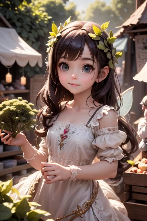 masterpiece, best auqlity, a cute ((fairy)) shopping at a market, (fairy leafy dress), fairy village, Cinematic Light, Ray tracing, Depth of field, light source contrast,