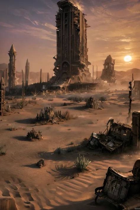 A sandy desert with blue sky and sun, possui uma atmosfera de terror, having wreckage of things everywhere, a place abandoned for years and the only living creatures that inhabit it are humanoids with poison technology