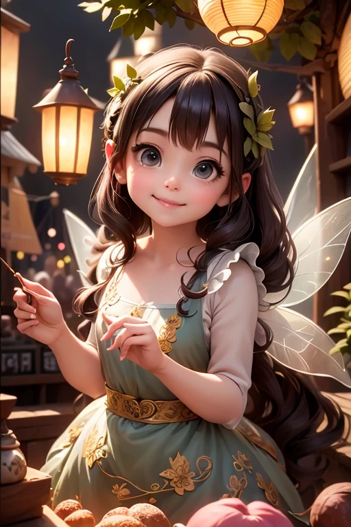masterpiece, best auqlity, a cute ((fairy)) smiling shopping at a market, (fairy leafy dress), translucent fairy wings, fantasy magical village at nioght, night scene, magical lanterns, Cinematic Light, Ray tracing, Depth of field, light source contrast,