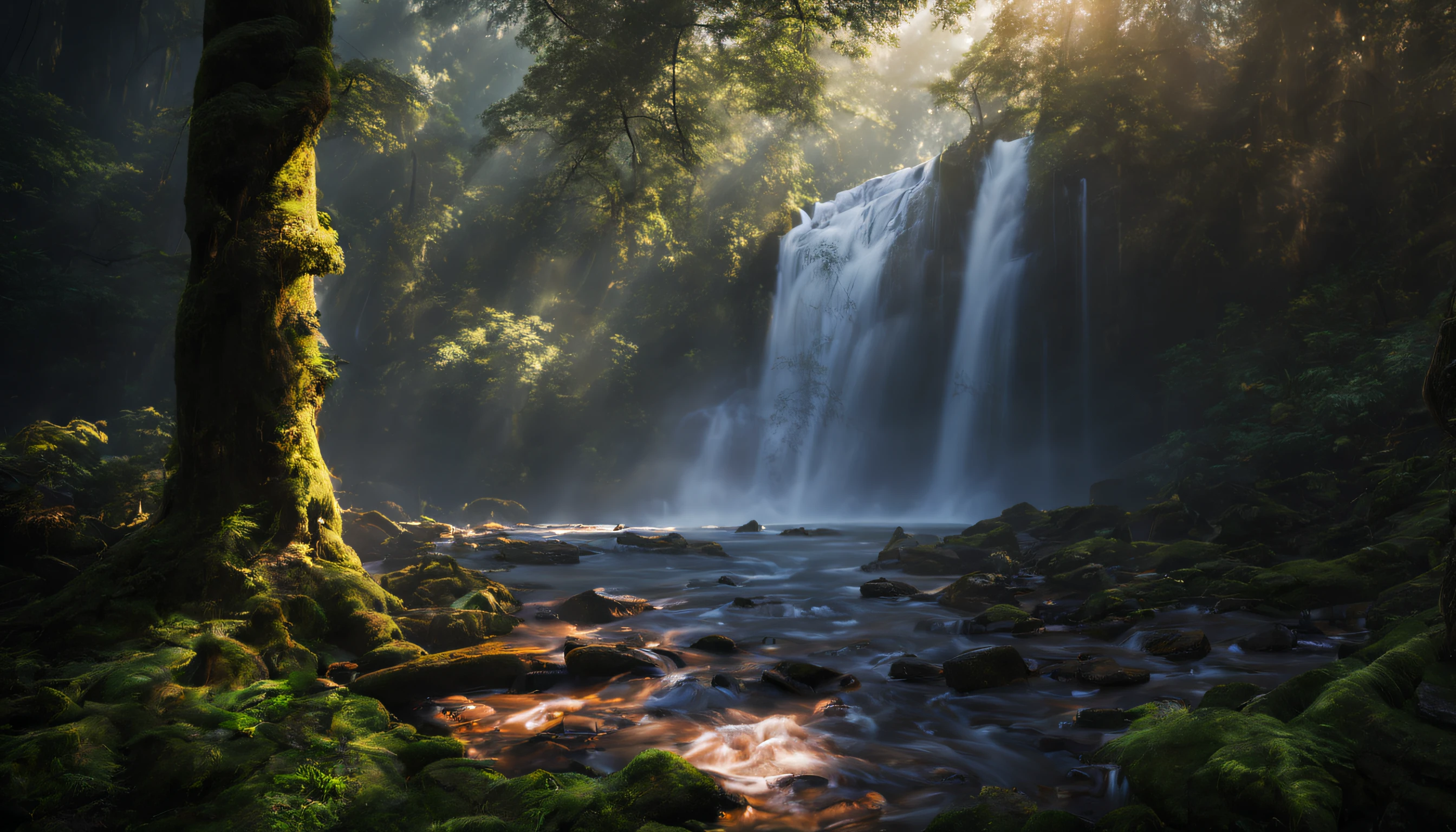 Eine wunderschöne Fotografie eines Wasserfalls im Wald, sehr detailliert, realistisches Bild, filmisch, Landschaftsfotografie, natürliche Beleuchtung, lange Exposition.