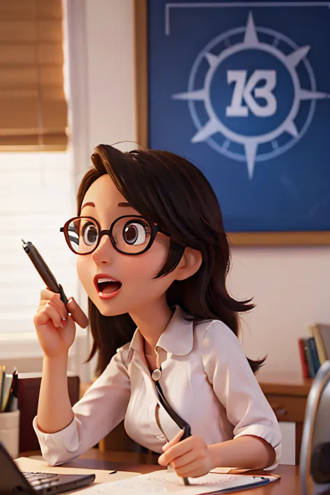 disney pixar style poster of an advertising man with glasses, cabelos pretos, in a lighted office. she's organizing her desk, co...