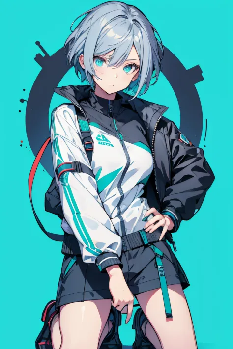 (masutepiece:1.2, Best Quality),  [1 girl in, expressioness, Turquoise eyes, gray hair, half short cut hair,White Jacket,jacket ...