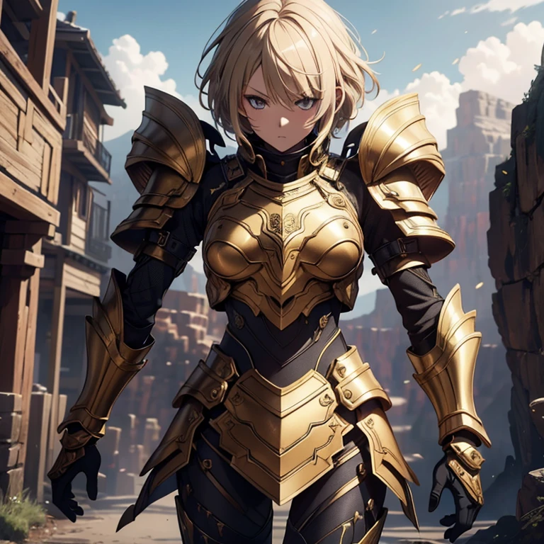 master piece, 8k, ultra detailed, anime, girl, short hair, blonde hair, golden eyes, serious and courageous face, (black obsidian armor), punching position, Gran Canyon scenario.