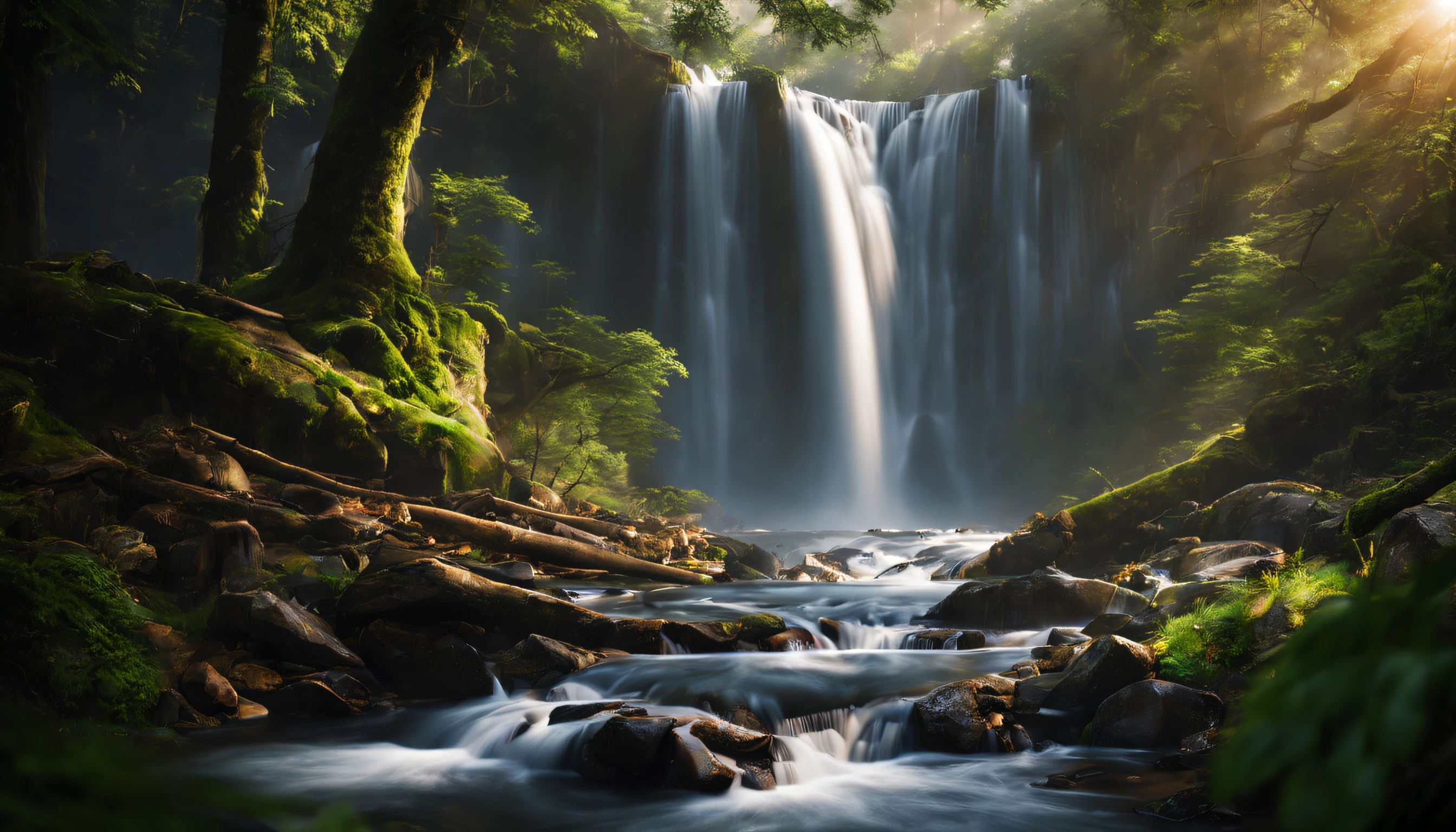 Una hermosa fotografía de cascada dentro del bosque, muy detallado, imagen realista, cinematográfico, fotografía de paisaje, iluminación natural, Exposición prolongada.