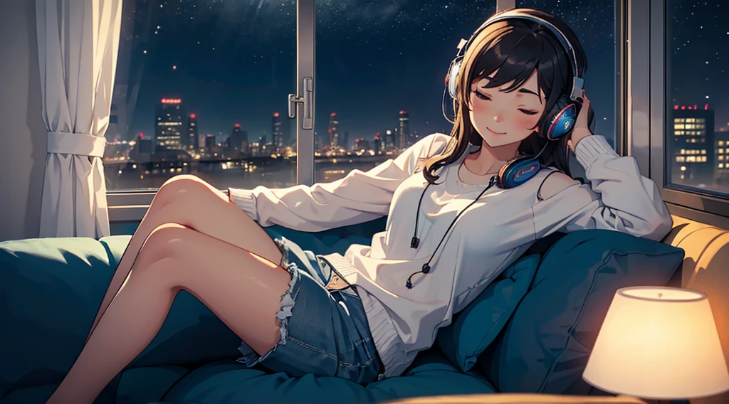 (masterpiece), (best quality), 1 girl, sitting on a sofa, listening to music, eyes closed, smiling, headphones, in front of a window, city, night, cozy, relaxing