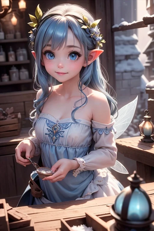 masterpiece, best quality, detailed eyes, a cute ((fairy)) smiling, shopping at a magical market, (blue hair), (blue eyes), (pointy ears), (fairy leafy strapless blue dress), translucent fairy wings, (intense blue smokey eyes makeup), large ayelashes, fantasy magical snow village at night, winter village, night scene, magical lanterns, ((snowing)), Cinematic Light, Ray tracing, Depth of field, light source contrast,