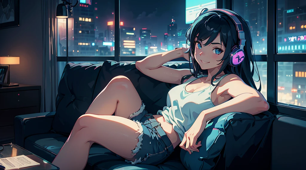 masterpiece, best quality, close up, highly detailed, 1 girl with headphones on a sofa in front of a window, tank top, shorts, smiling, city, night, neon, moody lighting, anime art, dreamy anime girl, relaxing, cozy