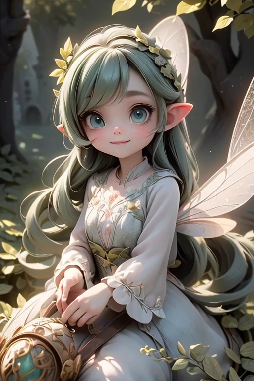 masterpiece, best quality, detailed eyes, a cute ((fairy)) smiling flying at a magical village, (green eyes), (pointy ears), (fairy leafy dress), translucent fairy wings, (intense green smokey eyes makeup), large ayelashes, fantasy magical village at nioght, night scene, magical lanterns, Cinematic Light, Ray tracing, Depth of field, light source contrast,