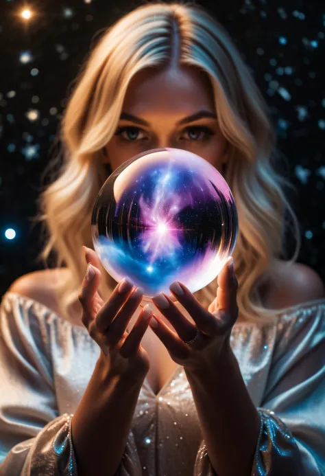 photograph of a blonde woman holding a glowing crystal ball with a galaxy in it, (soft light, sharp:1.2), aesthetic,
