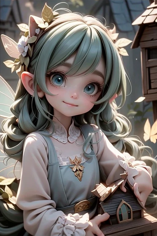 masterpiece, best quality, detailed eyes, a cute ((fairy)) smiling, slouching on a roof, looking to a magical village, (green eyes), (intense green smokey eyes makeup), (pointy ears), (fairy leafy dress), translucent fairy wings, large ayelashes, fantasy magical village at nioght, night scene, magical lanterns, Cinematic Light, Ray tracing, Depth of field, light source contrast,