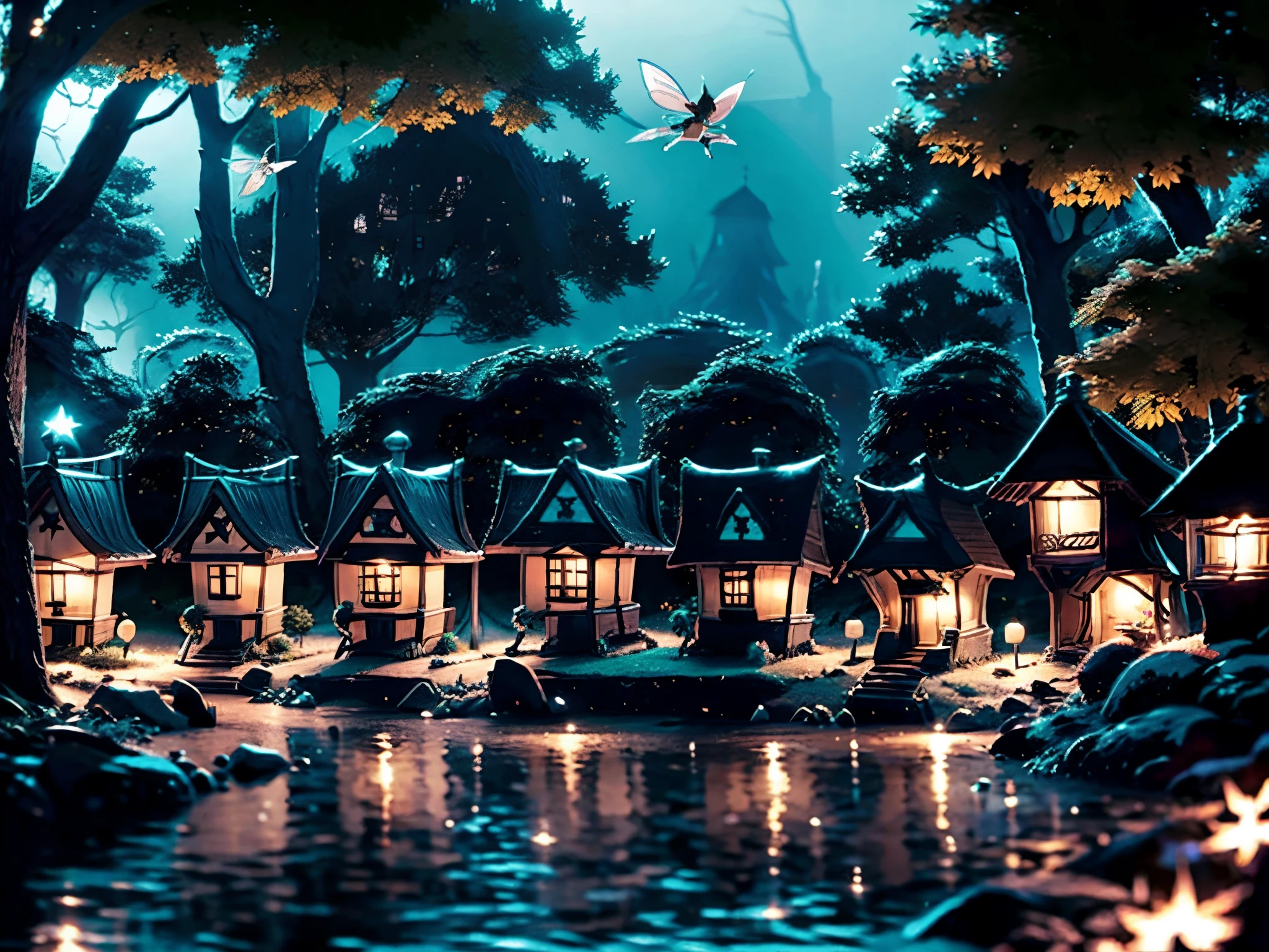((Night time forest)), (((tiny village build in the trees))), (((tiny winged fairies flying around))), ((small tree houses)), pretty fairies, lights, multiple small figures, build inside or on trees