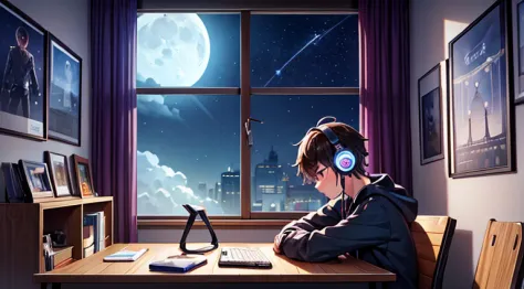 (masterpiece) a boy (male) studying sitting in his room, over his desk, with headphones on, nerd decoration, video game on the w...