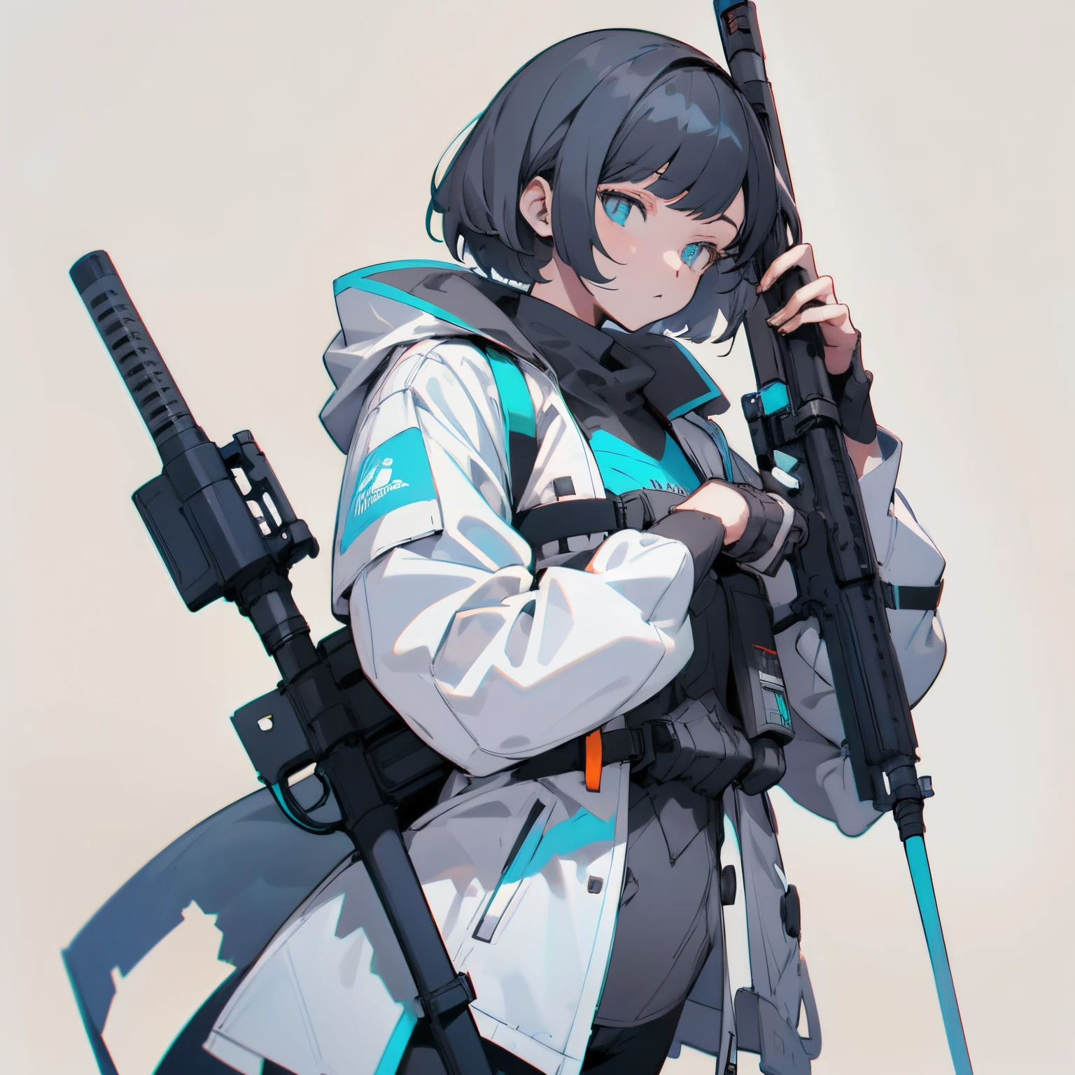 (masutepiece:1.2, Best Quality), [1 girl in, expressioness, Turquoise eyes, jet-black hair,half short cut hair, White Jacket, jacket comes off, black inner,model posing, Upper body] (Gray white background:1.7),hold rifle,