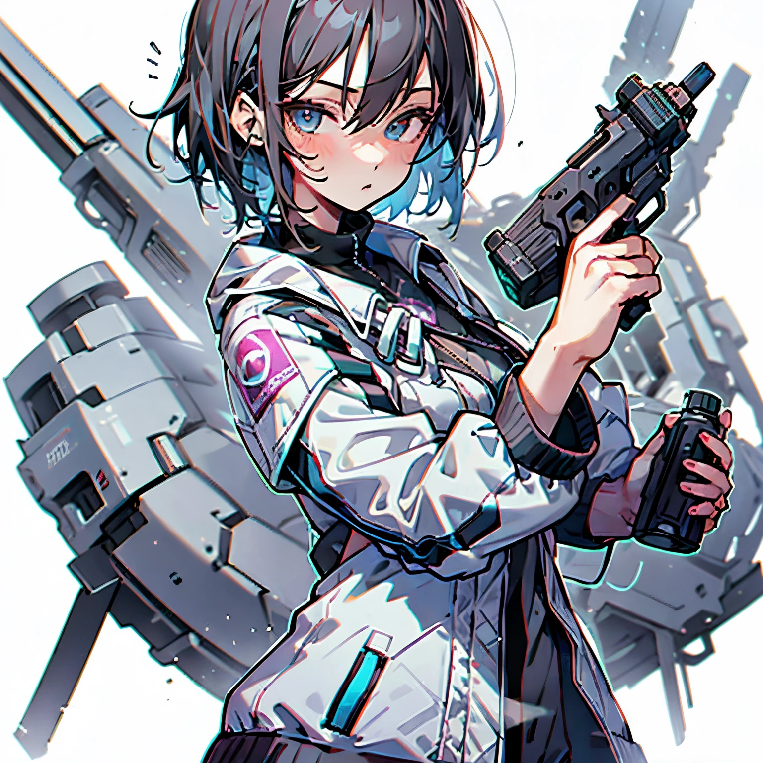 (masutepiece:1.2, Best Quality), [1 girl in, expressioness, Turquoise eyes, jet-black hair,half short hair, White jacket, Jacket is taken off, Black inner,Model Posing, Upper body] (Gray white background:1.7),gun,pistol