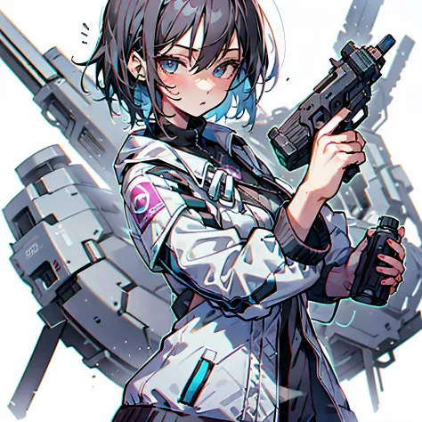 (masutepiece:1.2, best quality), [1 girl in, expressioness, turquoise eyes, jet-black hair,half short hair, white jacket, jacket...