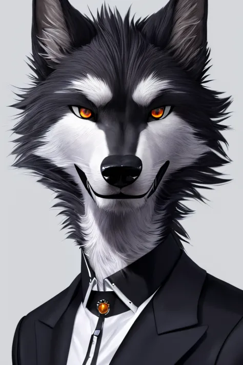 (highres:1.2, realistic:1.37), anthropomorphic gray and black wolf, tall with normal build, wearing elegant clothes, serious expression, detailed facial features, piercing eyes, sleek fur, sophisticated background, dramatic lighting, art style: concept art...