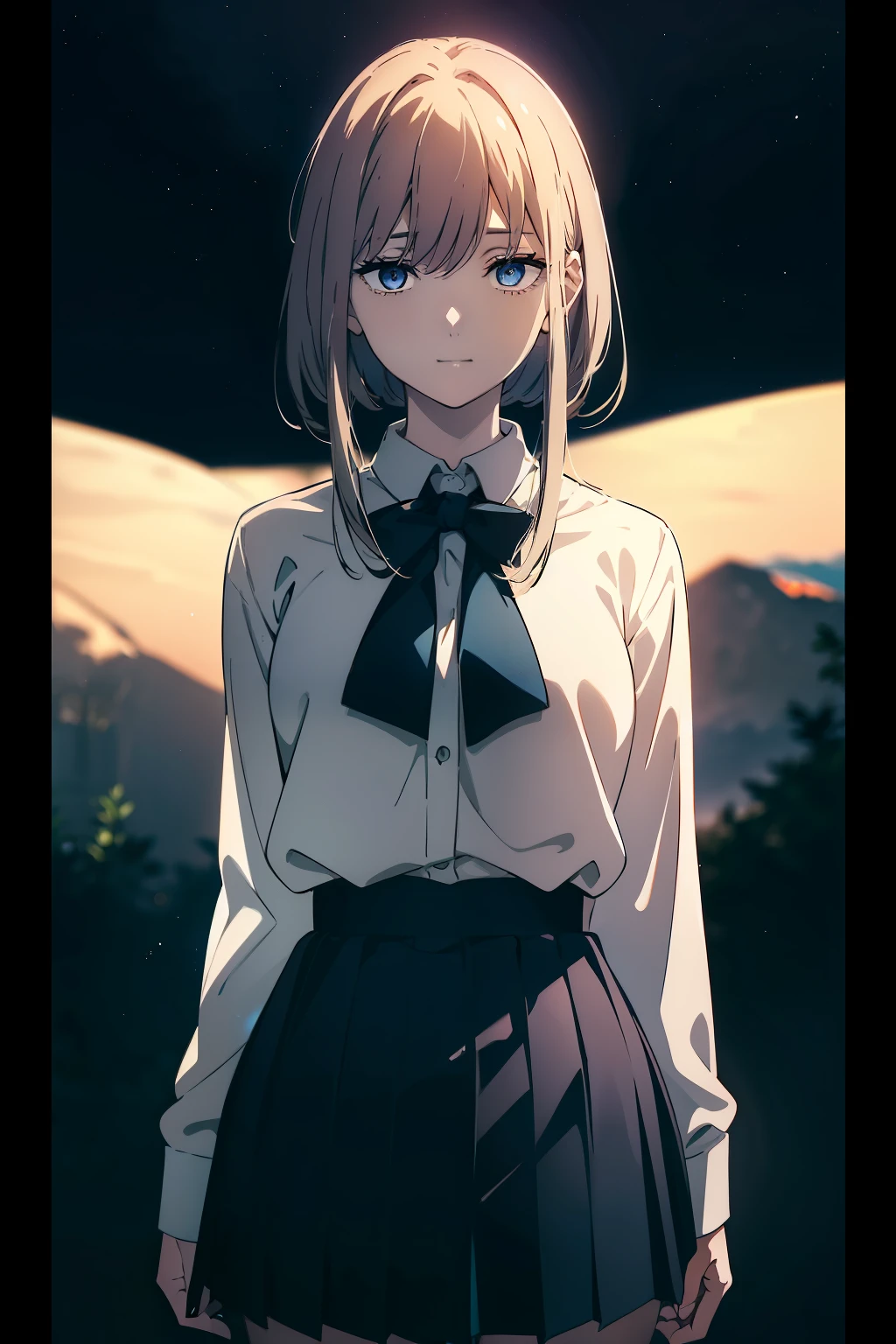 (Obra maestra, La mejor calidad, ultrahigh resolution), 1girl, standing, school uniform, white office shirt, black pleated skirt, (light brown hair:0.7), long hair cut, pale skin, ((blue eyes)), glowing_eyes, neon eyes, (ultra detailed eyes, beautiful and detailed face, detailed eyes), ((centered)), smile, ((wide shot)), facing viewer, eye level, (blurry background, night sky background), flat chested, looking at viewer, ((half closed eyes)), ((perfect hands)), (((head, arms, hips, elbows, in view))), ((hands behind back)), empty eyes, beautiful lighting, outside, outdoors, shooting star:0.7, simple background, defined subject, massive moon, 2