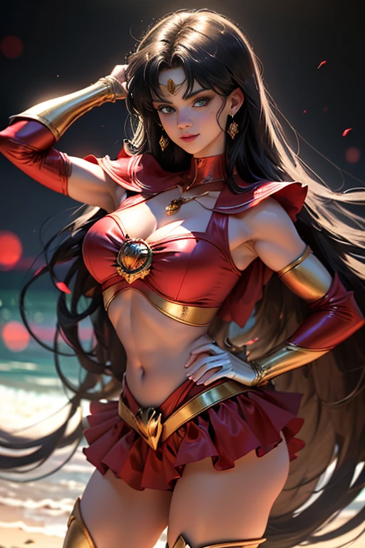 Sailor Mars, 3D, Realistisch, Ultra-Mikro-Foto, Bessere Qualität, Ultra Detailliertes CG Unit 8k Hintergrundbild, darunter, komplizierte Details, (1 Frau), 18 Jahre, (gleich1, Tiara, Matrosen-Kriegeruniform, Weiße Handschuhe, Rote Matrosenhalskette, roter Rock, Matrosen-Kriegeruniform: 1.2, Sailor Mars: 1.2, meishaonv), cabelos pretos arroxeados incrivelmente longos e Samens: 1.2, lange Haare, Samen, schön und hell: 1.2, freizügige Matrosenkriegeruniform, Leuchtend purpurroter Sexy Falten-Minirock: 1.3, (sehr große lila Schleife in der Mitte der Brust: 1.4, Tiara dourada na testa: 1.5, Rote Handschuhe an den Ellenbogen: 1.1, nackte Arme: 1.1, Lange, hohe Stiefel aus leuchtend roter Emaille mit luxuriösen Goldverzierungen: 1.3, breiter, tiefroter Kragen, Satte purpurrote Matrosenhalskette, Lange weiße Latexhandschuhe mit luxuriöser goldener Verzierung: 1.3, Sehr große rote Schleife hinter der Taille: 1.1, rotes Halsband, Das Dekolleté sieht sexy und kühn groß aus, rote sternförmige Ohrringe)), SMMarz Zu langes Haar, separater Streifen, ((verführerisches Lächeln, sehr hübsches Gesicht, Gesichtsdetails: 1.5, leuchtend lila Augen, schönes Gesicht, wunderschöne Augen, strahlende Augen)), luxuriöser Goldschmuck, Schlanker und kühner und sexy Gravette-Badeanzug, (Kampfhaltung), dünne und muskulöse Muskeln, muskulöse Bauchmuskeln, Kleines Gesicht, riesige Brüste, perfekte Proportionen, dünne Taille, sexy Model-Pose, Sichtbare Poren, perfekte Hände: 1.5, Oktan-Rendering, sehr dramatische Bilder, Starkes natürliches Licht, Sonnenlicht, Exquisite Licht- und Schatteneffekte, dynamischer Winkel