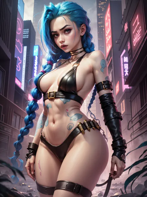 sexy amazing hentai, cinematic ecchi anime, Jinx, Similar to the image of Halle Quinn.  A dystopian world in the background, Photorealistic, 4K, Cyberpunk