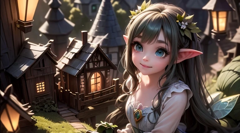 masterpiece, best quality, detailed eyes, a cute ((fairy)) smiling looking at a magical village (intense green smokey eyes makeup), (pointy ears), (fairy sleveless dress), (leafy dress), traslucent fairy wings), large eyelashes, fantasy magical (village at night), (night scene), (magical lanterns), looking at viewer, Cinematic Light, Ray tracing, Depth of field, light source contrast,
