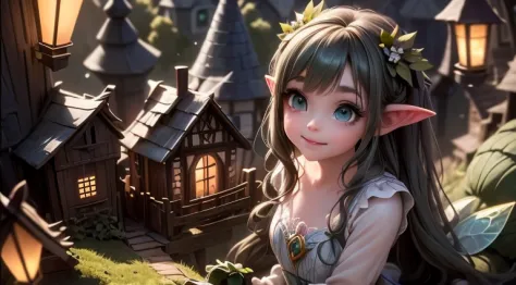 masterpiece, best quality, detailed eyes, a cute ((fairy)) smiling looking at a magical village (intense green smokey eyes makeu...