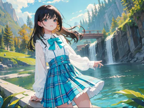 (child），（​masterpiece，Highest Quality），（turquoise plaid skirt），White blouses，A dark-haired，lake