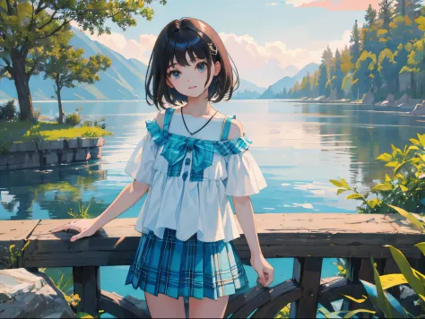 (child），（​masterpiece，Highest Quality），（turquoise plaid skirt），White short-sleeved blouse，A dark-haired，lake