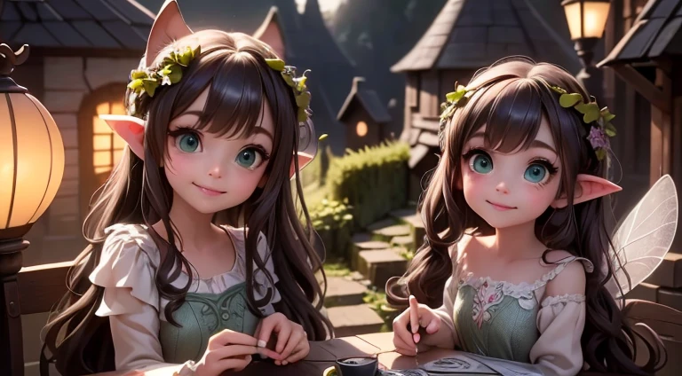 masterpiece, best quality, detailed eyes, a cute ((fairy)) smiling, sitting on a terrace, (intense green smokey eyes makeup), (pointy ears), (fairy sleveless dress), (leafy dress), traslucent fairy wings), large eyelashes, fantasy magical (village at night), (night scene), (magical lanterns), looking at viewer, Cinematic Light, Ray tracing, Depth of field, light source contrast,