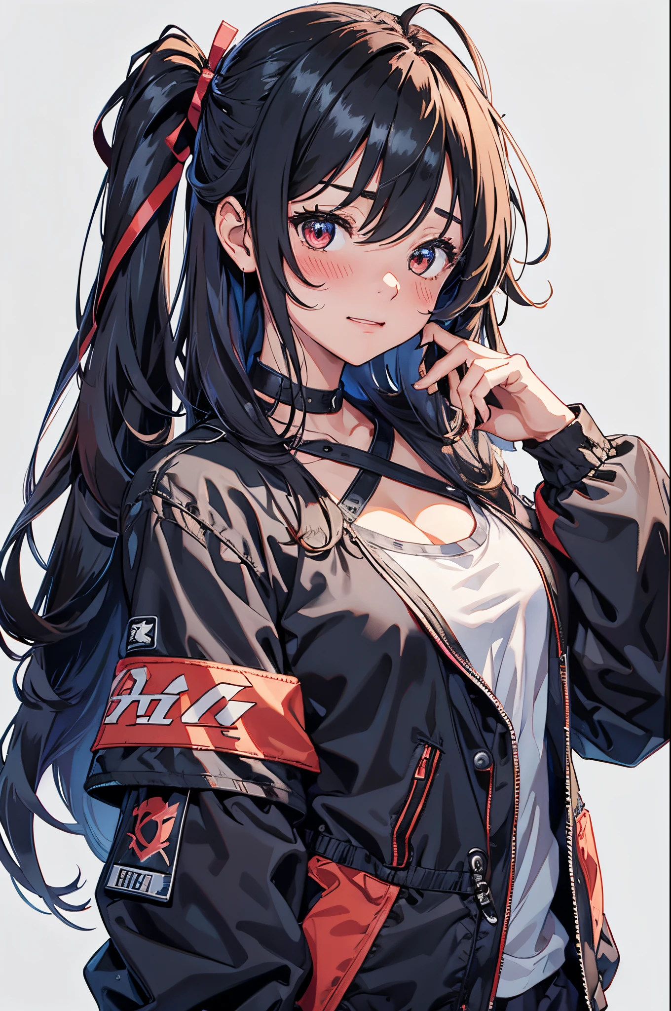 1girl, long_hair, rating:safe, blush, smile, solo, collarbone, hair_between_eyes, breasts, looking_at_viewer, eyebrows_visible_through_hair, closed_mouth, bangs, red_eyes, black_hair, jacket, striped, virtual_youtuber, very_long_hair, cleavage, upper_body, simple_background, small_breasts, black_shirt, medium_breasts, sidelocks, open_jacket, ribbon, armband, striped_background, long_sleeves, two_side_up, shirt, black_jacket, nose_blush, open_clothes