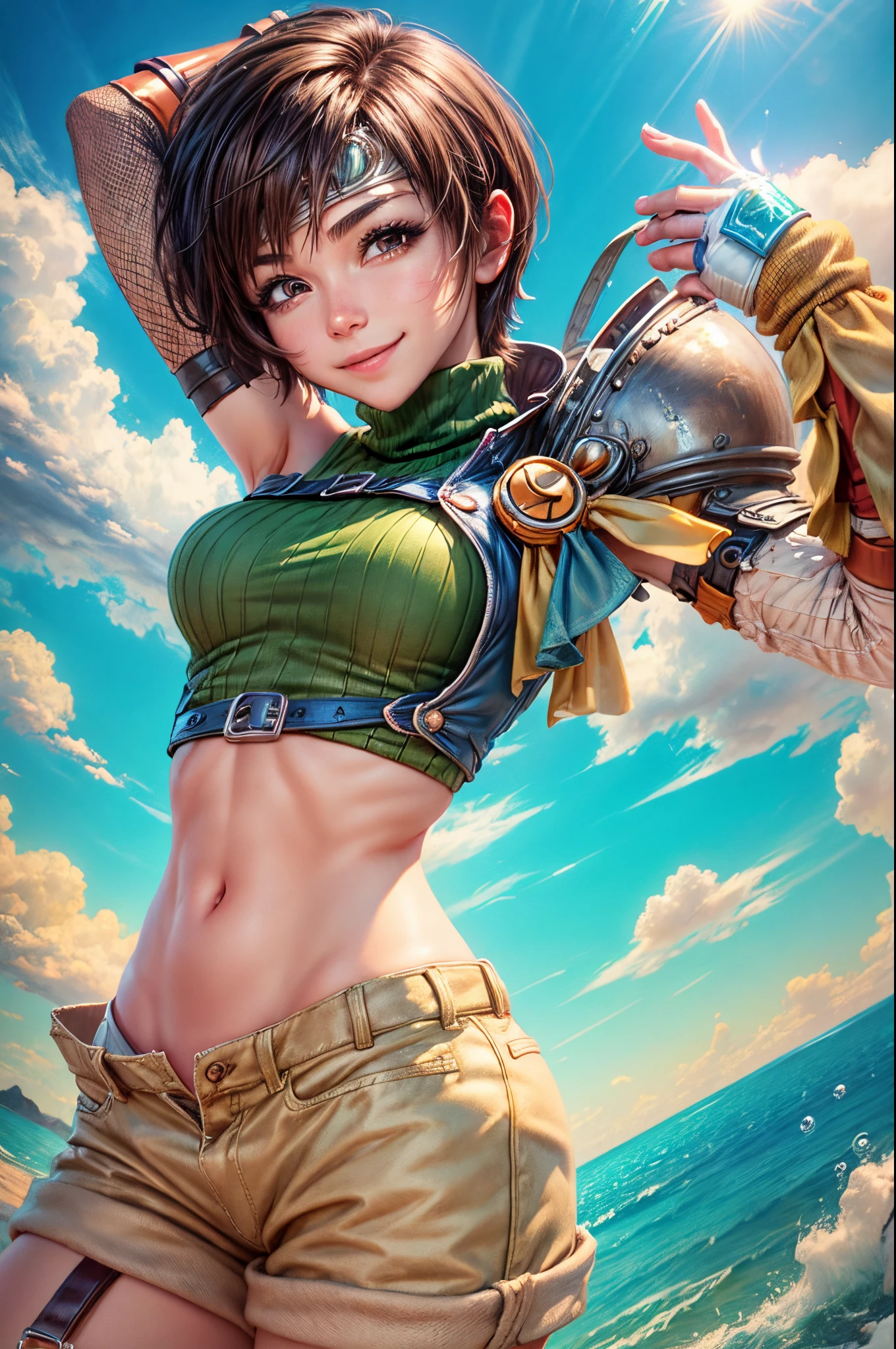 "((Innocent)) Smile, playful escapade, clockwork wonderland, joyous moments frozen in time, ((effervescent clouds)), liquid laughter, vibrant colors, whimsical tales, 1girl,short hair,headband,navel,sleeveless,turtleneck,brown eyes,sleeveless turtleneck,solo,breasts,looking at viewer,smile,gloves,crop top,brown hair,shorts,midriff,armor,sweater,open fly,fingerless gloves,ribbed sweater,medium breasts,yufi_kisaragi_01 girl,