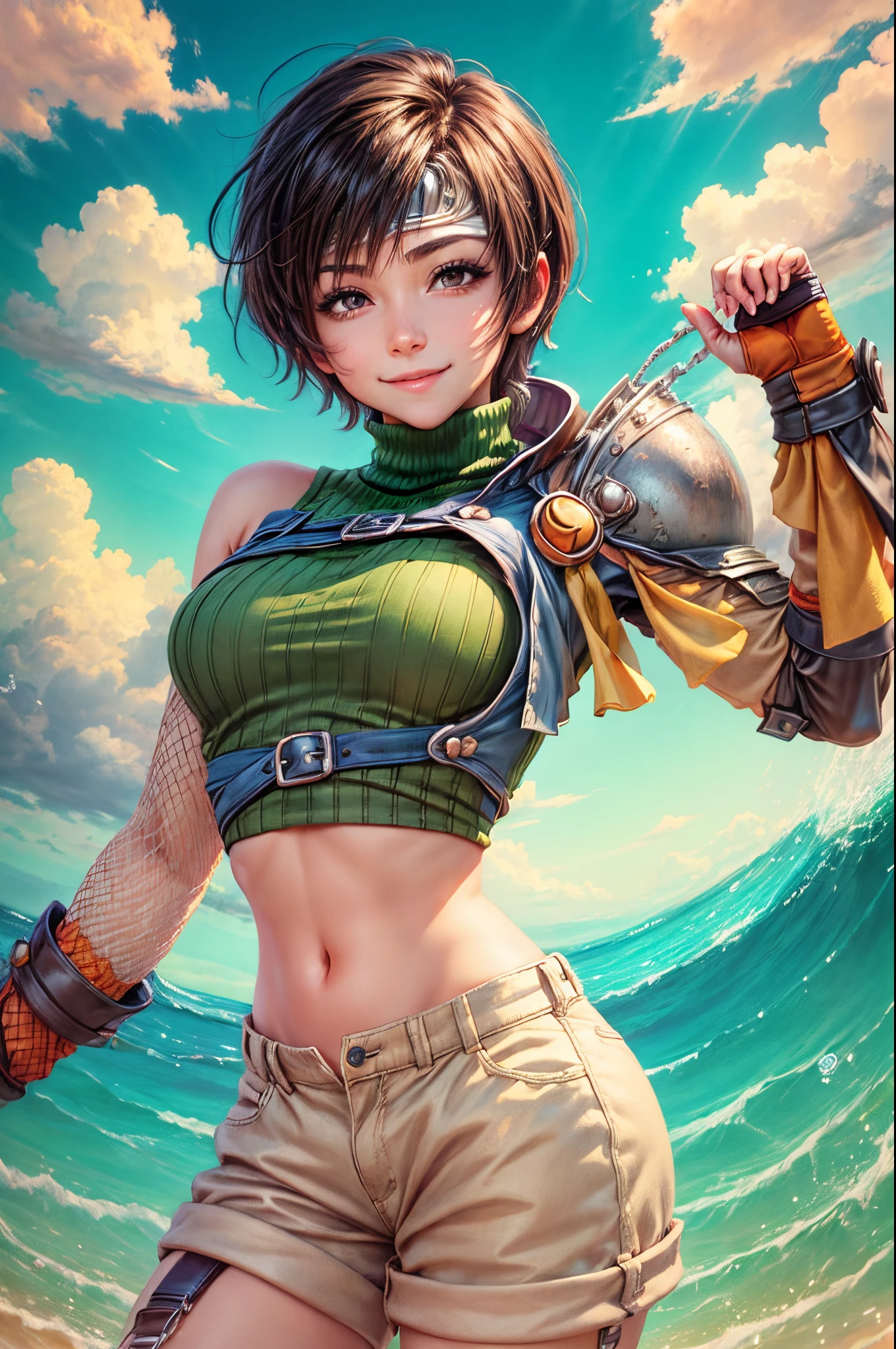 "((Innocent)) Smile, playful escapade, clockwork wonderland, joyous moments frozen in time, ((effervescent clouds)), liquid laughter, vibrant colors, whimsical tales, 1girl,short hair,headband,navel,sleeveless,turtleneck,brown eyes,sleeveless turtleneck,solo,breasts,looking at viewer,smile,gloves,crop top,brown hair,shorts,midriff,armor,sweater,open fly,fingerless gloves,ribbed sweater,medium breasts,yufi_kisaragi_01 girl,Full Body