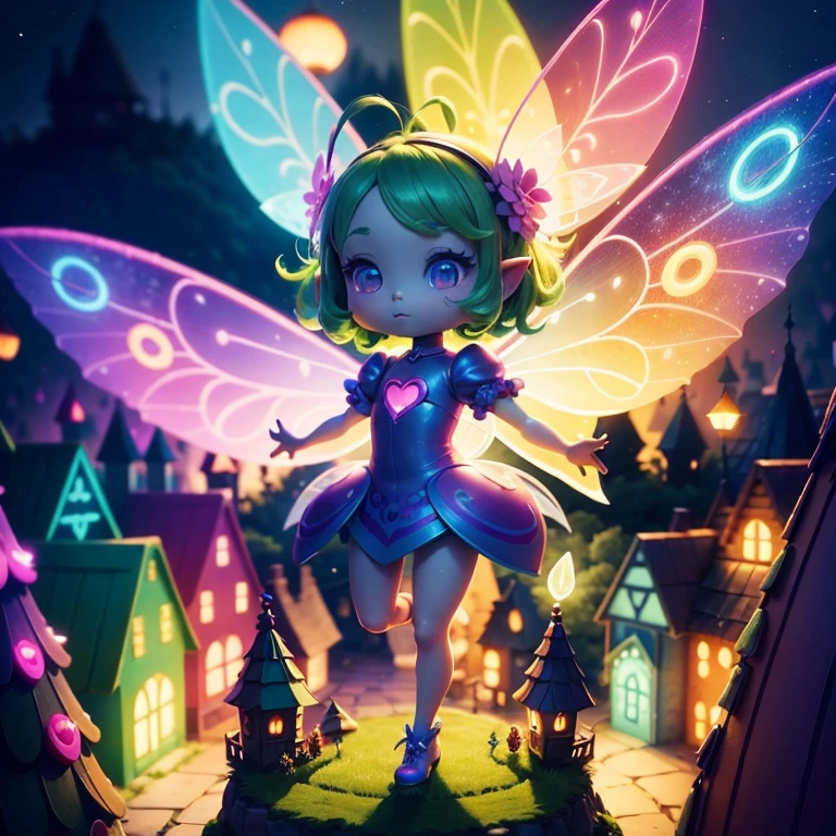 Main subject: A close up of a bunch full body flying fairies, in a Fairy Village. Details: Cute colorful, digital painting, cute detailed digital art, hyper colorful, neon coloring, cute digital art, beeple colors, colorful hd picure, beeple and jeremiah ketner, glowing lights! digital painting, cute 3 d render