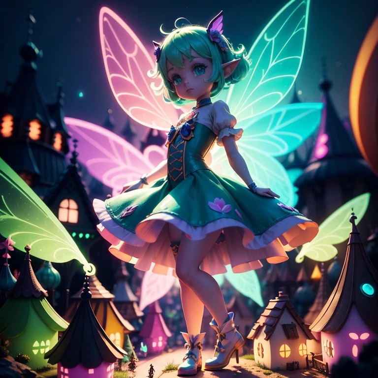 Main subject: A close up of a bunch full body flying fairies, in a Fairy Village. Details: Cute colorful, digital painting, cute detailed digital art, hyper colorful, neon coloring, cute digital art, beeple colors, colorful hd picure, beeple and jeremiah ketner, glowing lights! digital painting, cute 3 d render